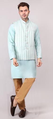 Image of Men's Cotton Silk Blend Regular Kurta Pyjama, Embroidered Nehru Jacket /Waistcoat Set