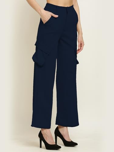 Image of Fashion Women's Casual Cargo Pants Flared High Waist Relaxed Fit Stretchable Parallel Trousers