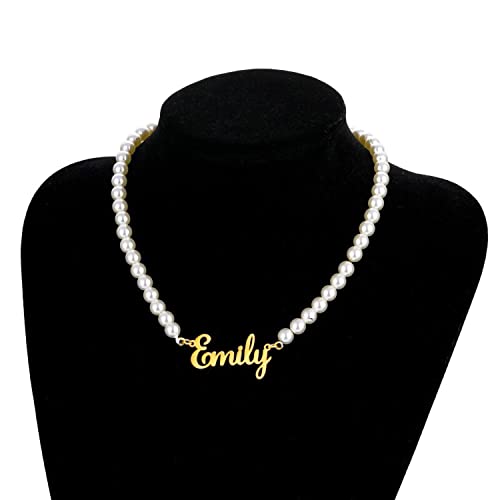 Custom Name Necklace with Pearl Chain 6mm Round White Pearl Necklaces Personalized Choker Name Jewelry Gifts for Women Girls