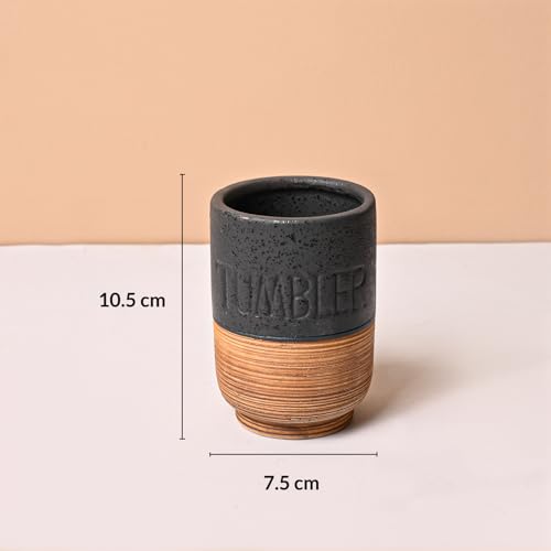 Image of Market99 Ceramic Bathroom Set Matte Black & Brown with Sophisticated Wooden Elegance Pattern, Includes Soap Dispenser, Tumbler, Toothbrush Holder, & Soap Dish for Coordinated Bathroom Style, 350ML