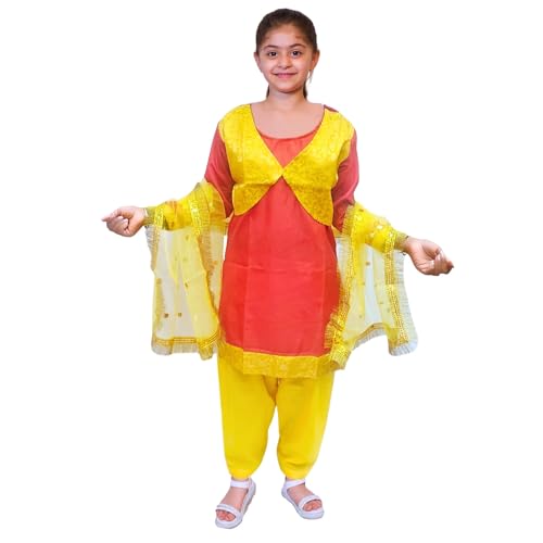 Image of Kaku Fancy Dresses Punjabi Girl Ethnic Costume for Kids - Red & Yellow Salwar Suit Dress with Dupatta | Indian State Fancy Dress for Girls (14-17 Years)