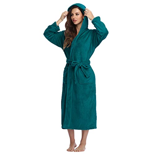 Lvguang Mujer Bata de Baño Albornoz de con Capucha Cinturón y Bolsillos Clásico Vellón Suave Albornoz Sauna Otoño e Invierno Ducha para Ducha Playa Modelo de Pareja Albornoz Largo (Verde,L)