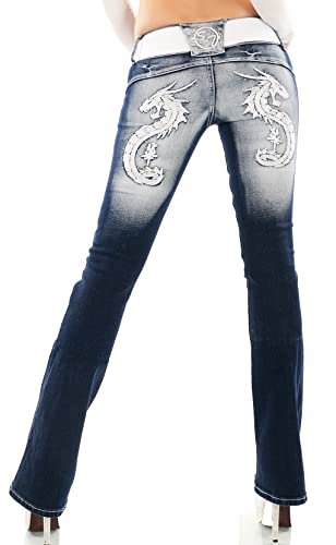 Damen Bootcut Jeans Hose Schlaghose Drache Dragon Schmetterling Stickerei Tattoo Gürtel XS-XXL (M/38, Drache-Silber) Cover