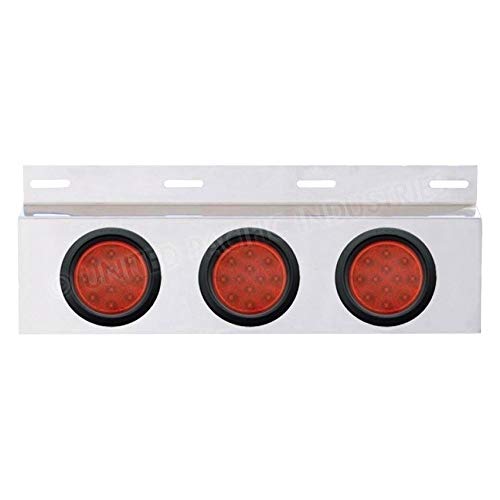 Image of United Pacific 63704 Mud Flap Hanger, Mud Flap Plate, Top, Stainless, with Three 12 LED 4 inch Lights & Grommets, Red LED /Red Lens