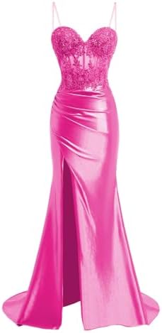 Spaghetti Strap Sweetheart Satin Prom Dresses with Split Lace Appliques Pleated Mermaid Long Evening Gown TM13