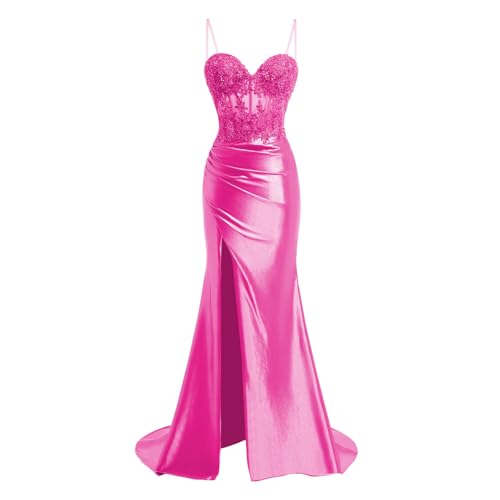 Tukomu Spaghetti Strap Sweetheart Satin Prom Dresses with Split Lace Appliques Pleated Mermaid Long Evening Gown TM13