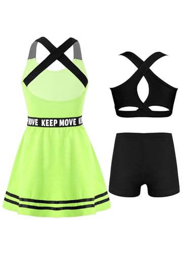 3pcs Kids Sports Outfits Girl Athletic Tenins Dress With Racerback Sport Bras And Shorts Set Workout Exercise Fluorescent Green 8 Years2