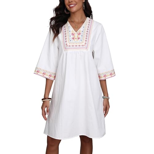 Image of Higustar Summer Womens White Cotton Mini Dresses Boho Embroidered Mexican Styel Bohemian Tunic Babydoll Dress for Women