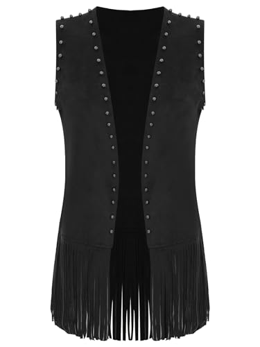Fldy Chaleco con flecos para mujer, ante vaquera, hippie, chaleco de cuero con borlas, remaches de los años 60, 70, Negro , S