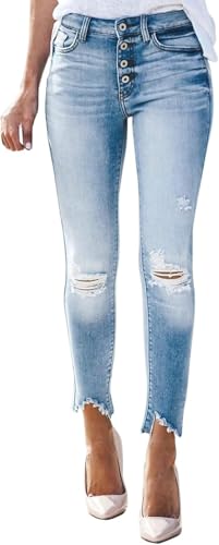 JosuE Damen Stretch Jeans Slim Zerrissene Hose mit Sichtbarer Knopfleiste...