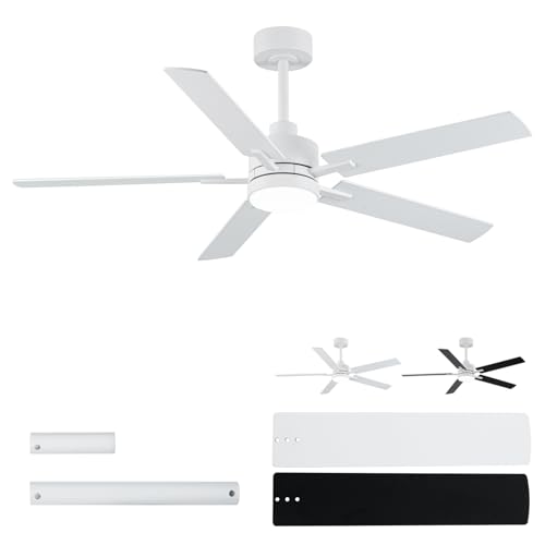 Image of LANMEL 52'' White Ceiling Fans with Lights and Remote, 6 Speed Low Profile Modern Ceiling Fan with Quiet DC Motor for Indoor Outdoor Bedroom Living Room