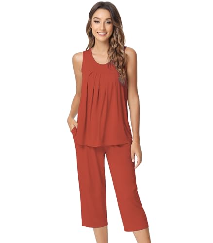 Image of NACHILA Pajamas for Women-Viscose Made from Bamboo, Sleeveless Pjs Tank Top Capri Pants Pajama Sets Cooling Sleepwear