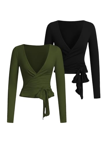 Image of SweatyRocks Women's Pilates Outfits Wrap Tops Ballet Yoga Coquette Shirt Cute Long Sleeve Workout Activewear