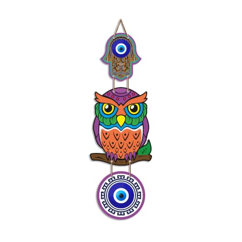 Image of Artvibes Decorative Owl Evil Eye Wall Hanging for Home Entrance | Nazar Battu MDF Wall Decor for Positive Energy | Lucky Owl Vastu Wall Art for Living Room | Bedroom | Hallway | Gift Item (WH 8523N)