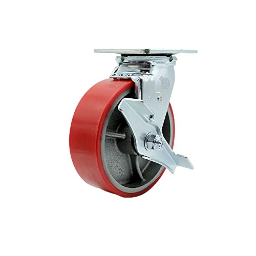 Polyurethane on Cast Iron Swivel Top Plate Heavy Duty Caster with 6 Inch Red Wheel and Top Lock Brake – 1,200 lbs. Capacity/Caster - Service Caster Brand