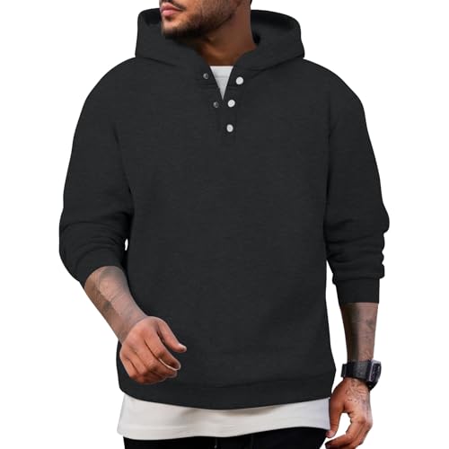Mens Sweatshirts Snap Button Long Sleeve Pullover Hoodies Fleece Winter Casual Solid Color Hooded Sweatshirt