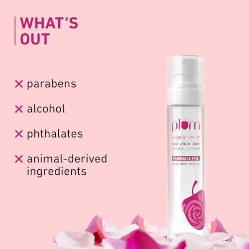 Plum Bulgarian Valley Rose Water Face Toner | for Oily Acne Prone Dry Combination Skin | with Hyaluronic Acid | Hydrating & Pores Tightening | Balances pH Levels | Alcohol-Free | Women & Men | 100ml