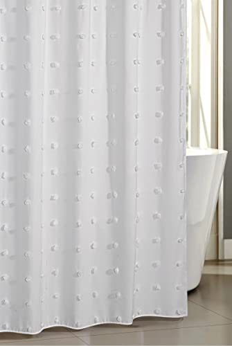 Estmy White Boho Tufted Shower Curtain Extra Long 84 Inch , Pompom Polka Dot Simple Cute Modern Shower Curtain Sets With Hooks Bohemian Chic Bathroom Decor, Heavy Duty/Water Repellent/Washable #TOP1