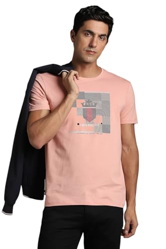 Image of Louis Philippe Men's Slim Fit Jersey Half Sleeve Crew Neck Tshirt with Stretch Graphic Print Brand Carrier on Chest