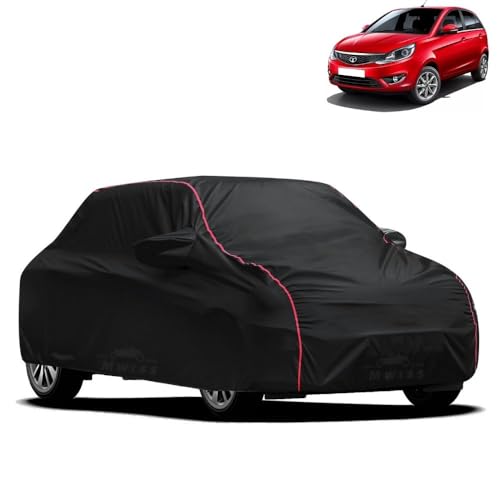 Image of Waterproof Car Cover for Tata Bolt | All-Weather Protection, Dustproof & UV Resistant | Triple Stitched Mirror Pockets, Windproof Buckle Strap with Elastic Hem, Black-Red Piping