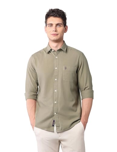 Image of U.S. Polo ASSN. Solid Slim Fit Shirts for Men - 100% Cotton, Full Sleeve Mens Casual Shirts
