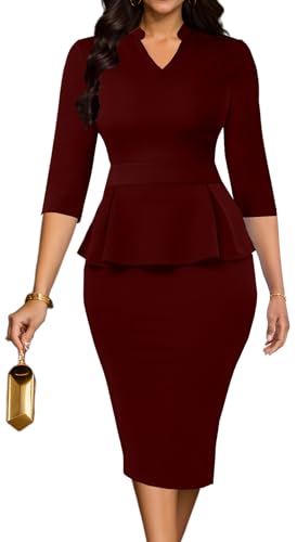 Church Dress for Women 3/4 Sleeve Work Teacher Office Business Vintage Wear to Work Pencil Midi Dress, Burgundy-a, Small