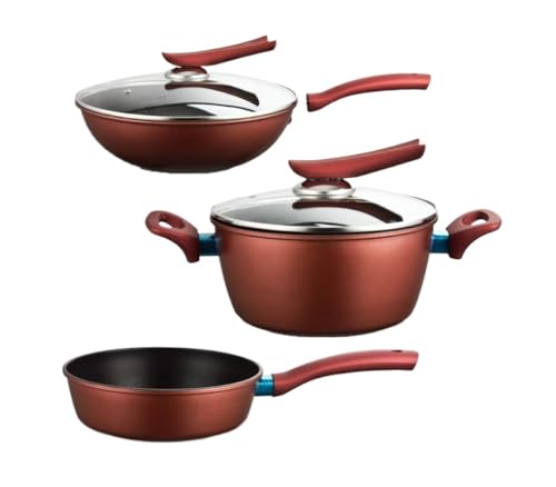 Batería de Cocina Mangos Juego De Utensilios Cocina 3 Piezas, Olla Para Sopa Wok Con Tapa Vidrio, Sartén, Antiadherente Hierro Forjado Juego de Ollas Utensilios