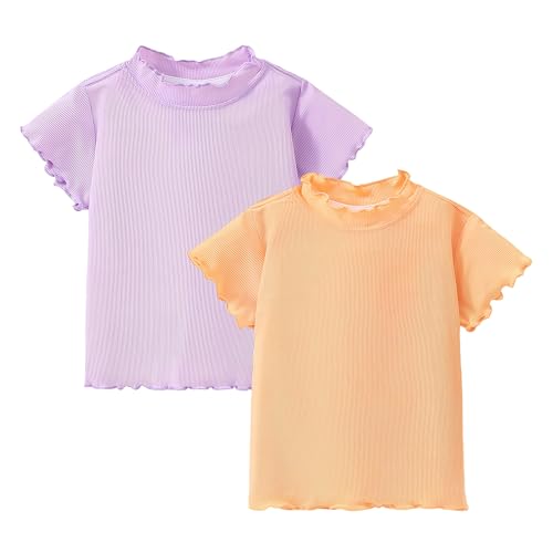 Image of Girls Summer Lettuce Trim Ribbed Knit Short Sleeve T-Shirts Solid Color Casual Blouse Tops