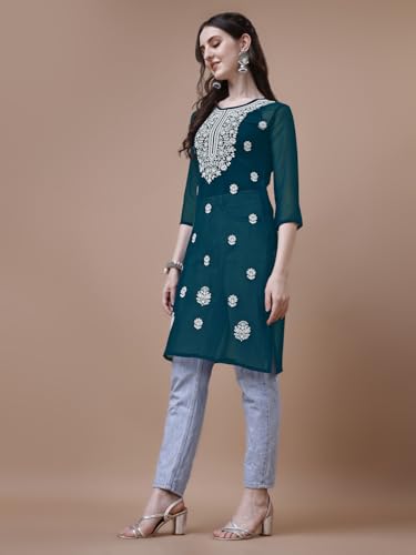 Image of EthnicJunction Women's Georgette Embroidered Straight Kurta | Summer Kurti | Short Kurti for Women | Top for Office |Women's Tunics Tops | Kurta Shirt Top | Regular Fit Top | Tops for Jeans for Women