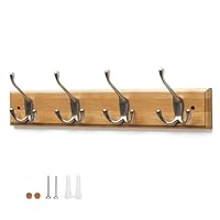 Flatro Coat Hooks Wall-Mounted | Bamboo Coat Rack with 4 Triple Zinc Alloy Hooks to Hang Hats, Jackets, Bags, Keys, Towels & More | Best Suited for Home Entrance, Bedrooms, Bathroom | Fixings Included