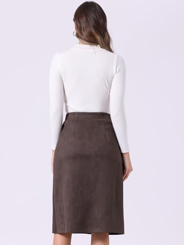 Allegra K Faux Suede Skirt for Women's Button Front High Waist 2025 Fall Knee Length A-Line Skirts3