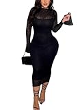 CALEBGAR Women's Elegant Bodycon Midi Dress Lace Sheer Mesh Long Sleeve Slim Fit Long Dress Party Cocktail Wedding Guest Dress Black