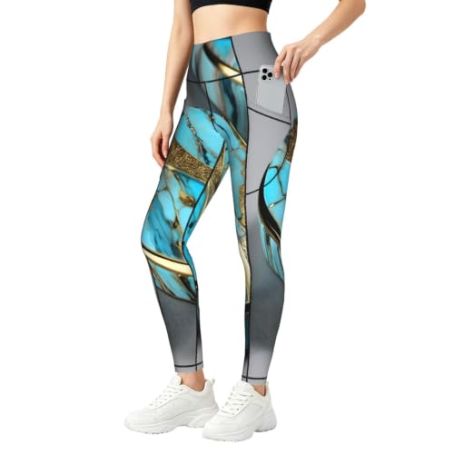 Pantalones de yoga de diseño mármol turquesa con acabados premium y opacidad total