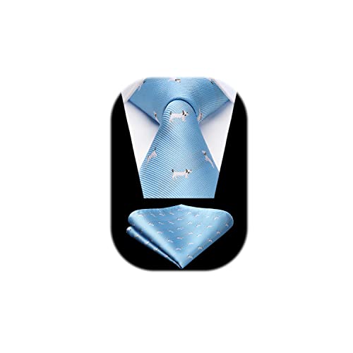 HISDERN Corbatas Hombre y Pañuelo Bebé azul Corbata con Motivo Perro Modernas Conjunto Corbatas Elegante Boda