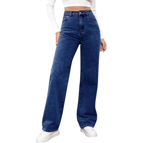 Women's Straight Leg Jeans Tummy Control Trendy Pants High Waisted Stretchy Casual Denim Baggy Trousers with Pockets