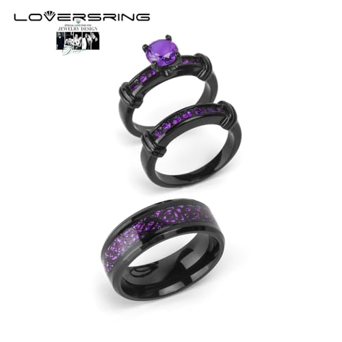 Couple Ring Bridal Set His Hers Black Gold Plated Blue CZ Stainless Steel Wedding Ring Band4