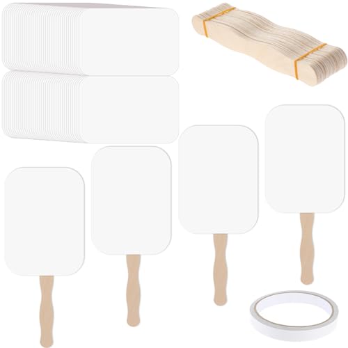 TaoBary 50 Pieces DIY Paper Church Fans Handheld Set Fan Sticks Wooden Handle Craft Sticks Wavy with Blank White Cardstock Tape for Wedding Celebration