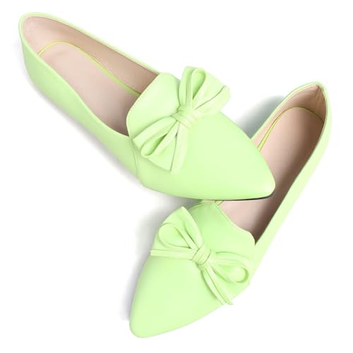 WENJIAZHIZHI Women's Pointed Toe Bow Loafers Comfortable Ballet Flats Soft PU Low-heel Office Lady Shoes2