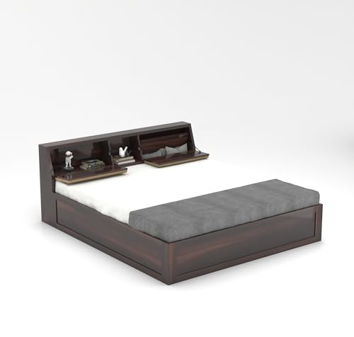 Image of Sheesham Wood Queen Size Bed with Box Storage Wooden Double Bed Cot Bed Furniture for Bedroom Living Room Home (Walnut Finish)