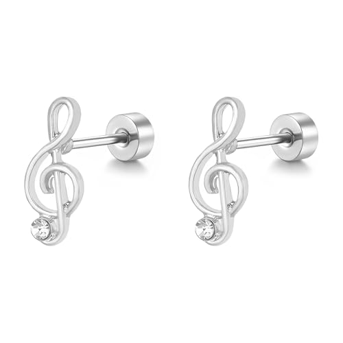 Clous d'oreilles en forme de clé de sol avec cristal CZ de 20 g pour homme et femme – Boucles d'oreilles en acier inoxydable hypoallergénique – Petites boucles...