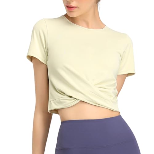 [machikaada] 768 ヨガウェア トップス Tシャツ ヨガ 半袖 レディース おしゃれ かわいい クロスデザイン ホットヨガ クロップド丈 ショート丈 スポーツウェア ピラティス ジム ダイエット 吸収速乾 ストレッチ (M, 2ペールイエロー)