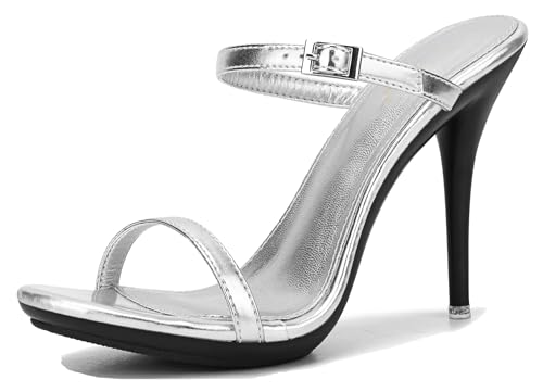 Hanfike Sandalias de tacón alto con dos correas para mujer, plata, 40 EU