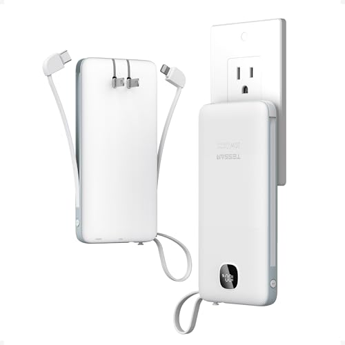 Portable Charger with Built in Cables,TESSAN 10000mAh Power Bank Fast Charging with Foldable Wall...