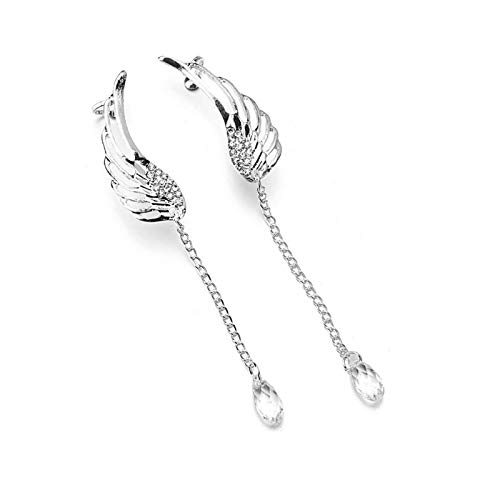 Clip On Angel Wing Earrings Angel Wing Silver Plated Crystal Tassel Chain Drop Dangle Earrings Ear Cuff Stud Rhinestone Pendant Clip Earrings Angel Wing Tail Long Dangle Tassel Drop Statement Earrings