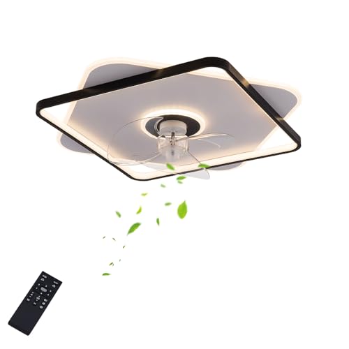 Riummndea Ventilador de techo con luz, motor muy silencioso (40 dB), función inversa, temporizador de 1/2 horas, diseño blanco y negro, mando a distancia, adecuado para comodidad durante todo el año