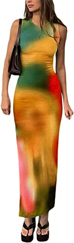 Image of Suillty Women Y2k Tie Dye Tank Dress Sleeveless Bodycon Long Dresses Printed Slim Fit Summer Maxi Dress Sundress