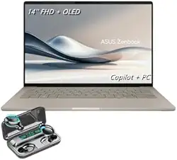 ASUS Notebook Zenbook A14 ultrafino, tela FHD de 14 polegadas + OLED (1920 x 1200), Copilot + PC, Snapdragon X Plus, 8 núcleos, RAM DDR5 de 16 GB, SSD de 512 GB, Zabriskie Beige, TWE fones de ouvido