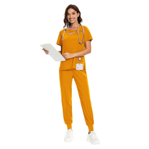 niaahinn Scrub Set for Women New Design Neck 4 Way Stretch Top & Jogger Pant with Pockets (Yellow,M)