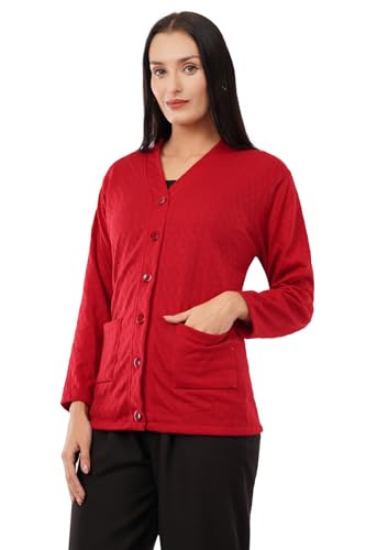 Image of Women Woolen Full Sleeve self Knit v-Neck Sweater Cardigan for Winter wear with Front Pockets Plus