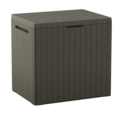Keter City 30 Gallon Resin Outdoor Storage Box and Patio Furniture Side Table for Pool and Garden Accessories, Taupe